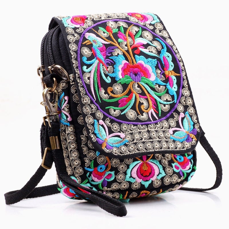 SILKAREA Embroidery Canvas Small Crossbody Purse Cell-phone Bag for Women's Cute Mini Messenger Bag Wristlet Wallet Bag (Blue + Flower) - Image 2